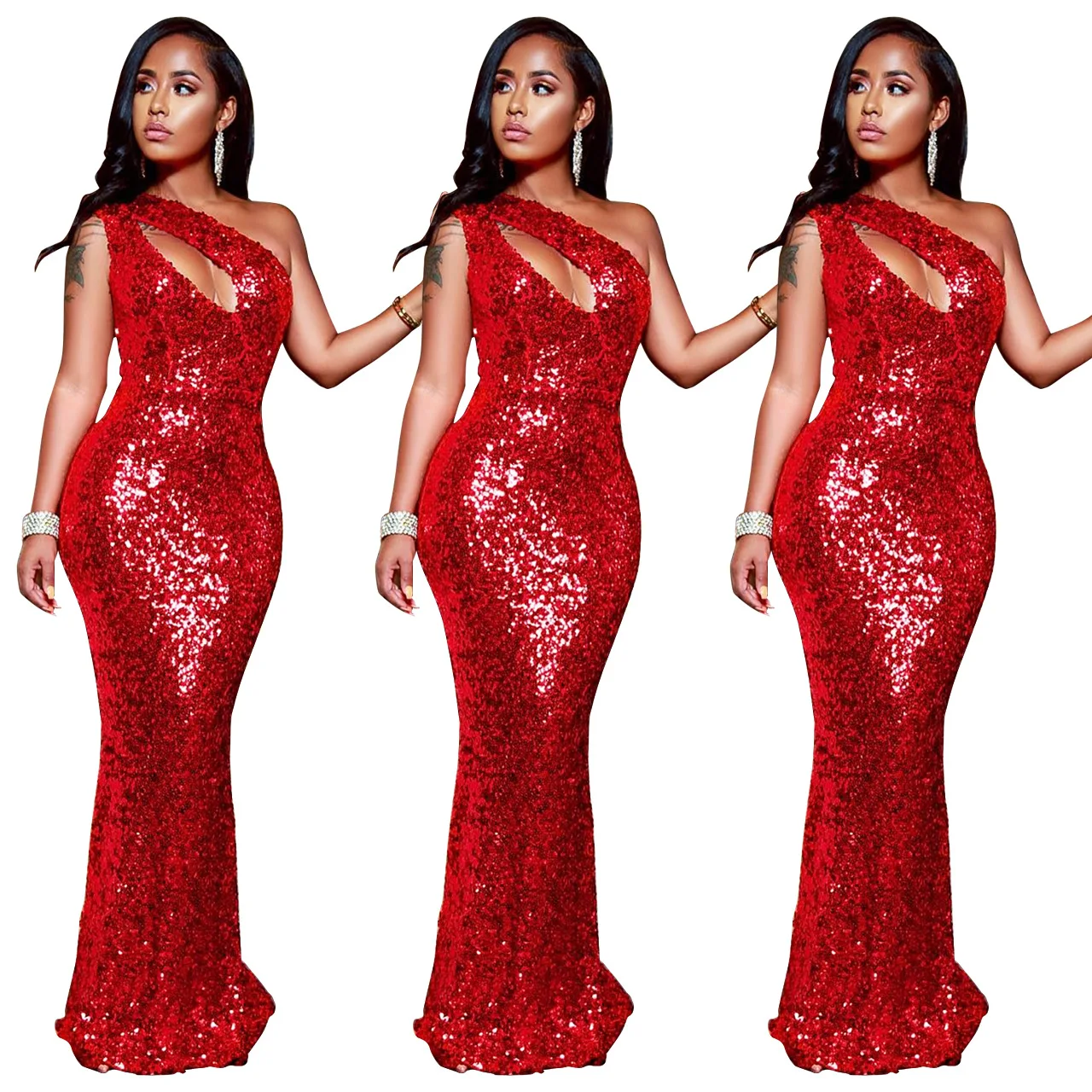 

2021 Designer style robe de soiree luxury robes shinny vintage elegant formal sequined one shoulder dress women evening dresses, Red