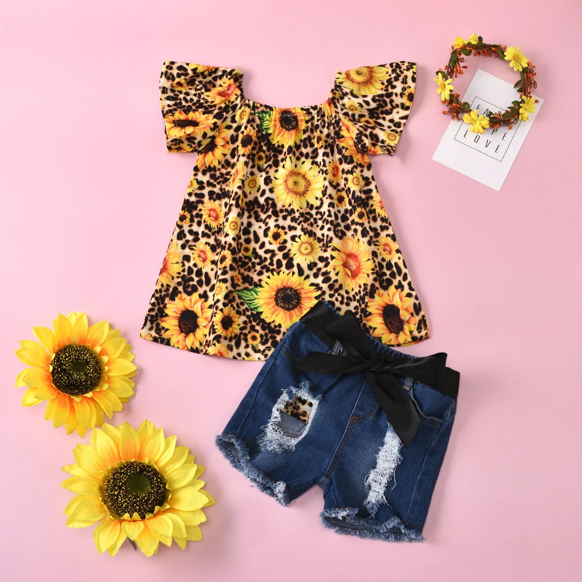 

Fashion Girls Sunflower Leopard Print Tops + Broken Hole Denim Shorts 2pcs Outfit