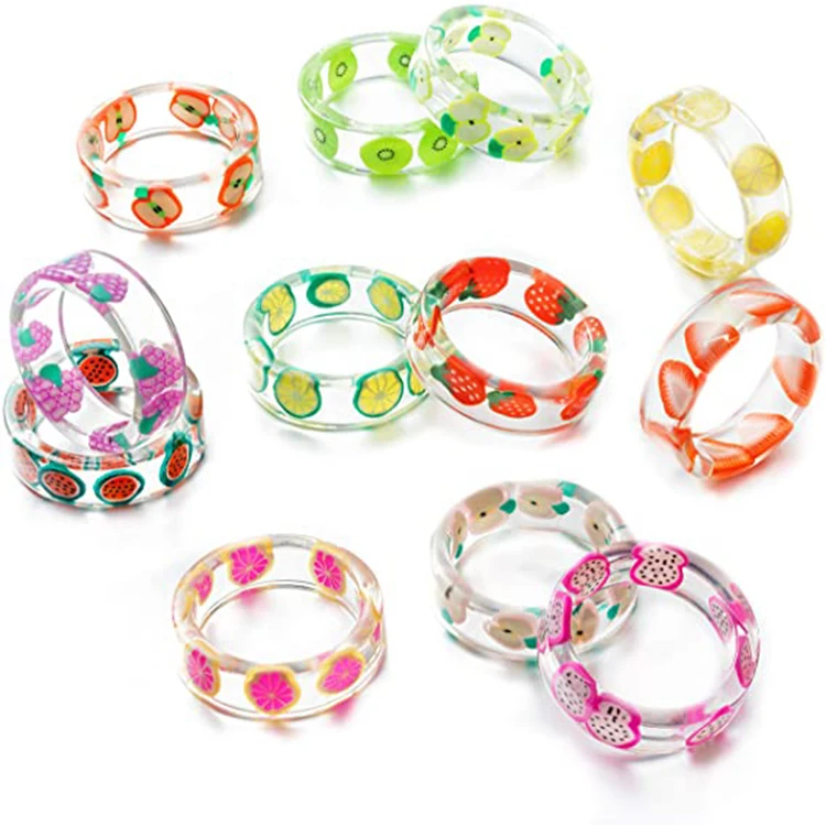 

2021 Summer New Knuckle Transparent Plastic Acrylic Ring Jewelry Cute Resin Fruit Rings for Girls