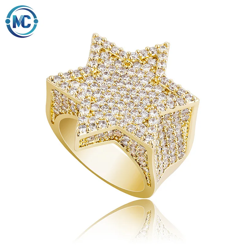 

2021 Hip Hop Men's Ring bling Pentagram jewelry zircon Micro Paved Five Star Rings