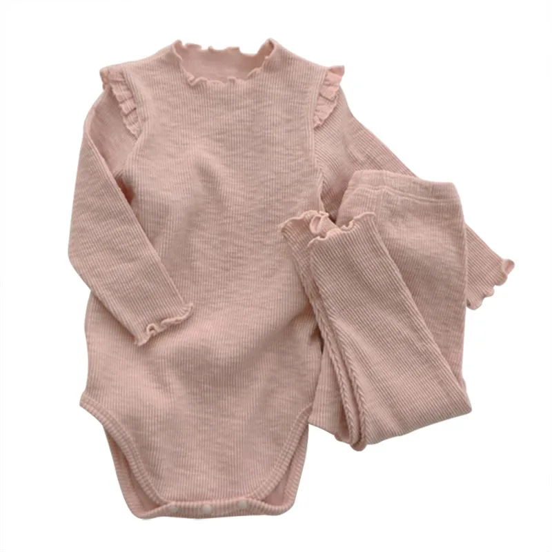 

Spring Autumn Long Sleeve Knitted Ribbed Baby Clothes Set 100% Cotton 2 Pieces Baby Clothing Set, More colors