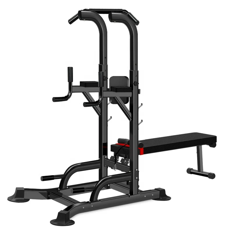 

power tower with adjustable bench portable gym dip station with bench total gym training home gym equipment power tower, Black/white