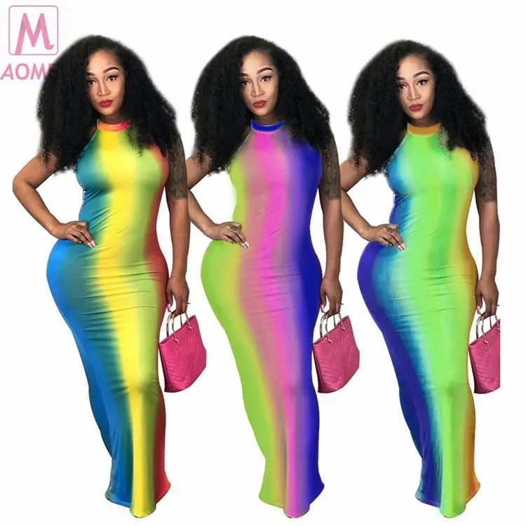 

S3089 Fashion Colorful Sleeveless Tie Dye Backless 2020 Maxi Long Lady Elegant Sexy Clothes Summer Women Girls' Casual Dress