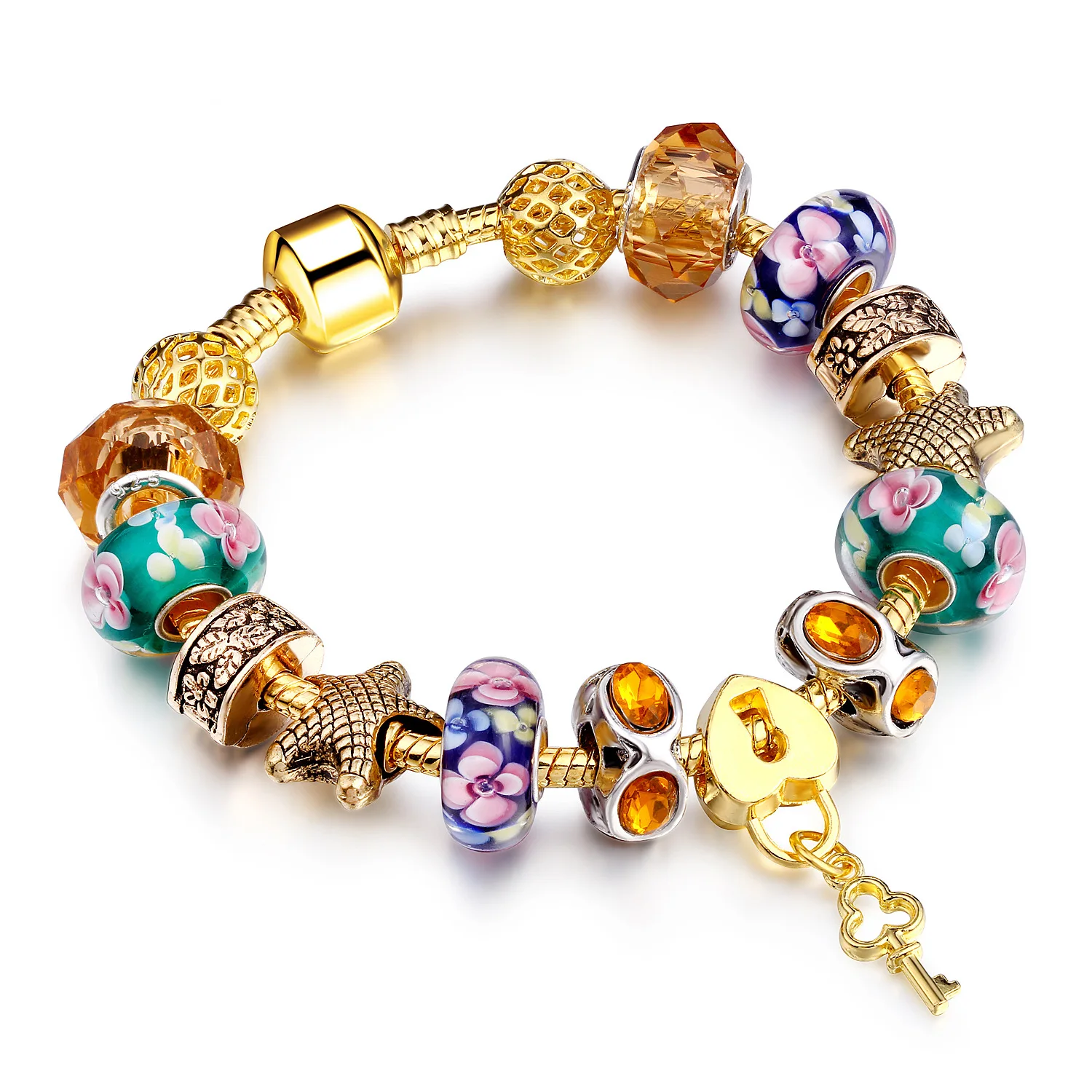 

Creative Gifts 18K Gold Plating Murano Glass Beads European Charm Bracelet Crystal Large Hole Beads Key Lock Charm Bracelet
