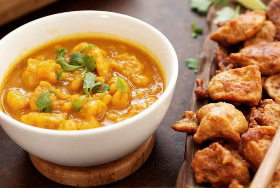 Steaming bowl of curry placed on wooden table