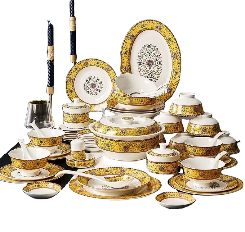 

Best Sell Jingdezhen 60 Pieces Western Style Golden Mosaic Bone China Tableware Set luxury plates, As shown