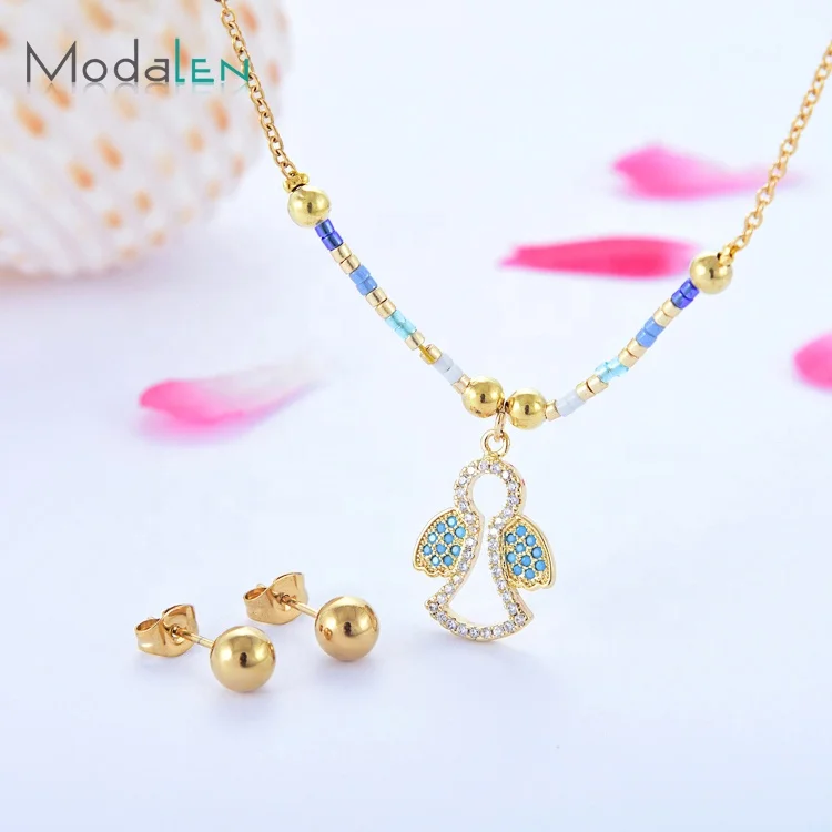 

Modalen Woman Jewelry Bead Steel Gold Rhinestone Angel Lady Jewellery Necklace And Earing Set, Gold/sliver