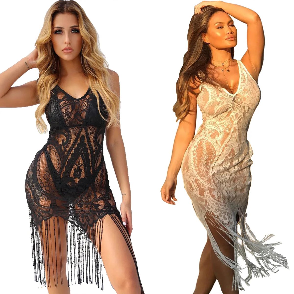 

European and American feminine perspective lace V-neck dress mid-length fringed beach dress, Shown