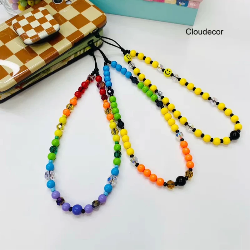 

New Bohemian Style Resin Mobile Phone Lanyard Accessories Color Small Beads Anti Loss Smile Face Mobile Phone Chain Strap