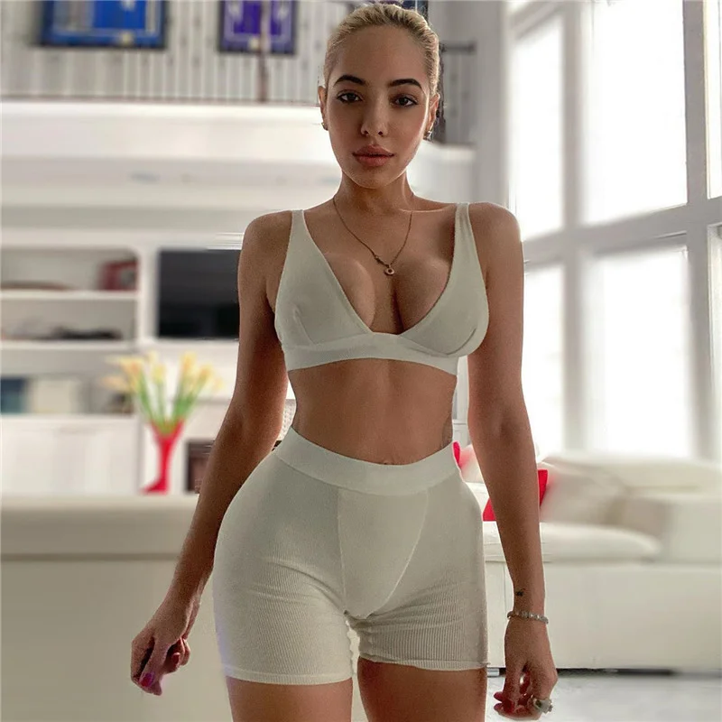 

Summer ribbed women gym wear set sexy deep V sports bra breathable five-point 2 piece shorts set