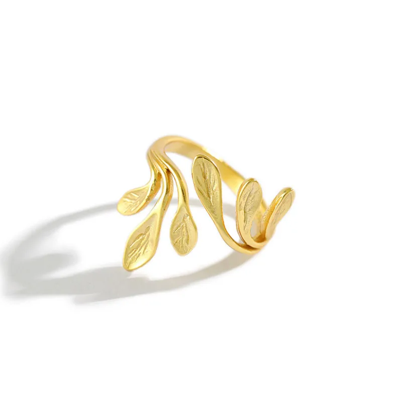 INS Style18K Gold Plated Leaf Design Ring S925 Sterling Silver Smooth Wide Leaf Adjustable Ring for Women