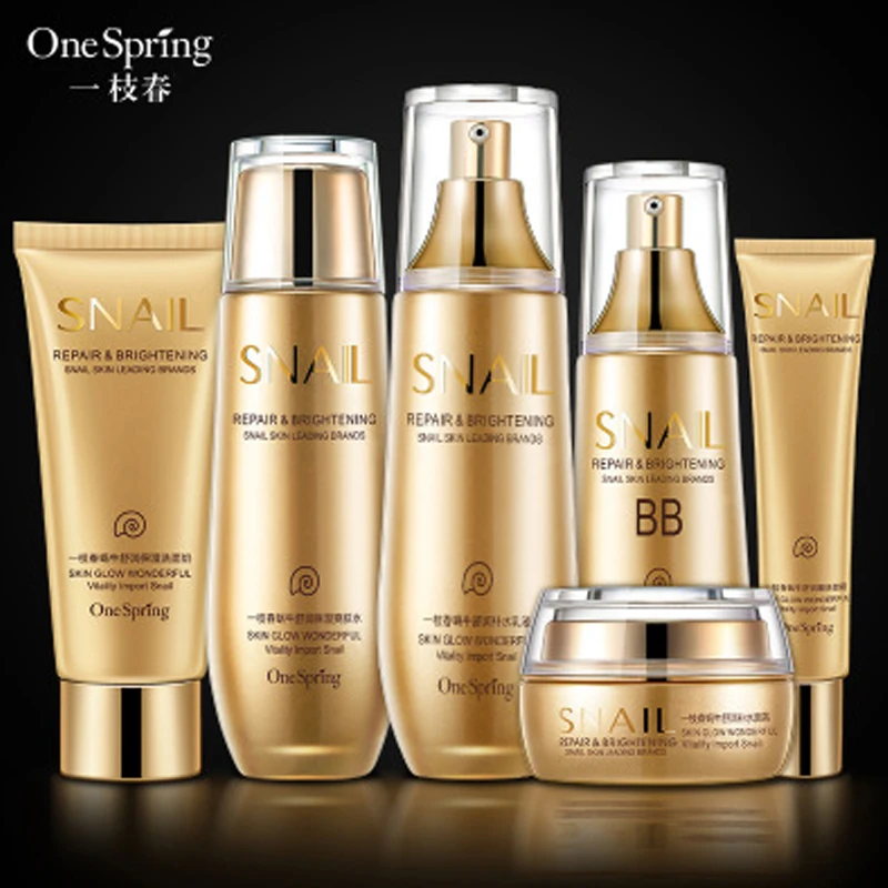 

One Spring 6PCS Gold Snail Face Skin Care Set Moisturizing Whitening Facial Cream Toner Essence milk Cleanser Facial Set