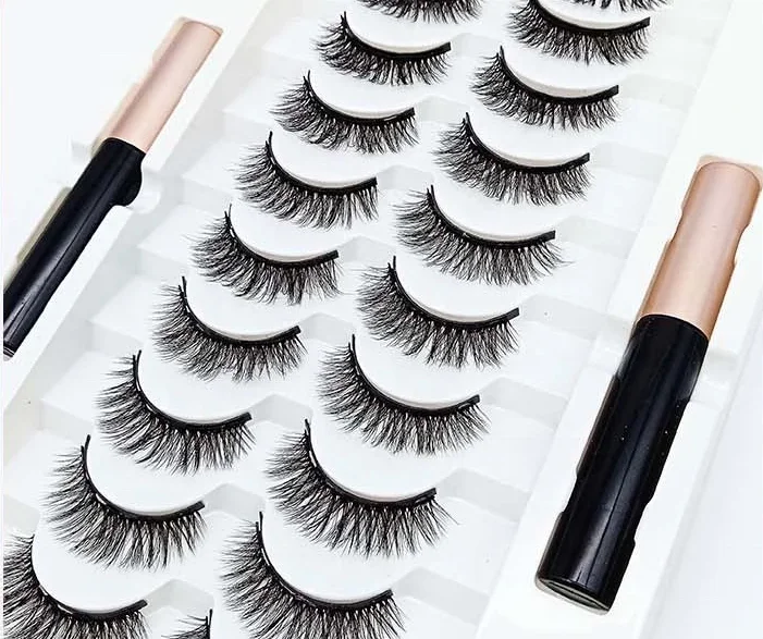 

10 pairs Magnetic Eyelashes with 2pcs magnetic eyeliner and one eye lashes tweezers full strip magnetic lashes, Custom color