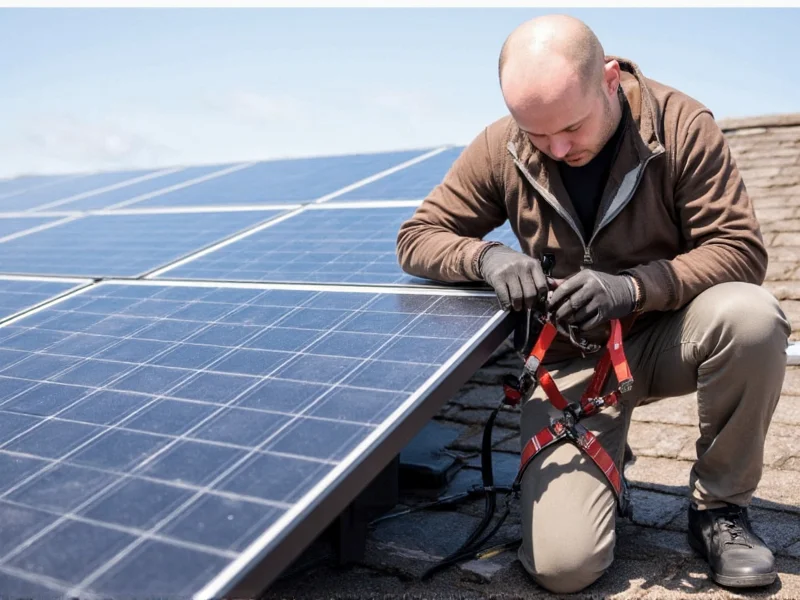 DIY solar panel mounting on roof with safety harness