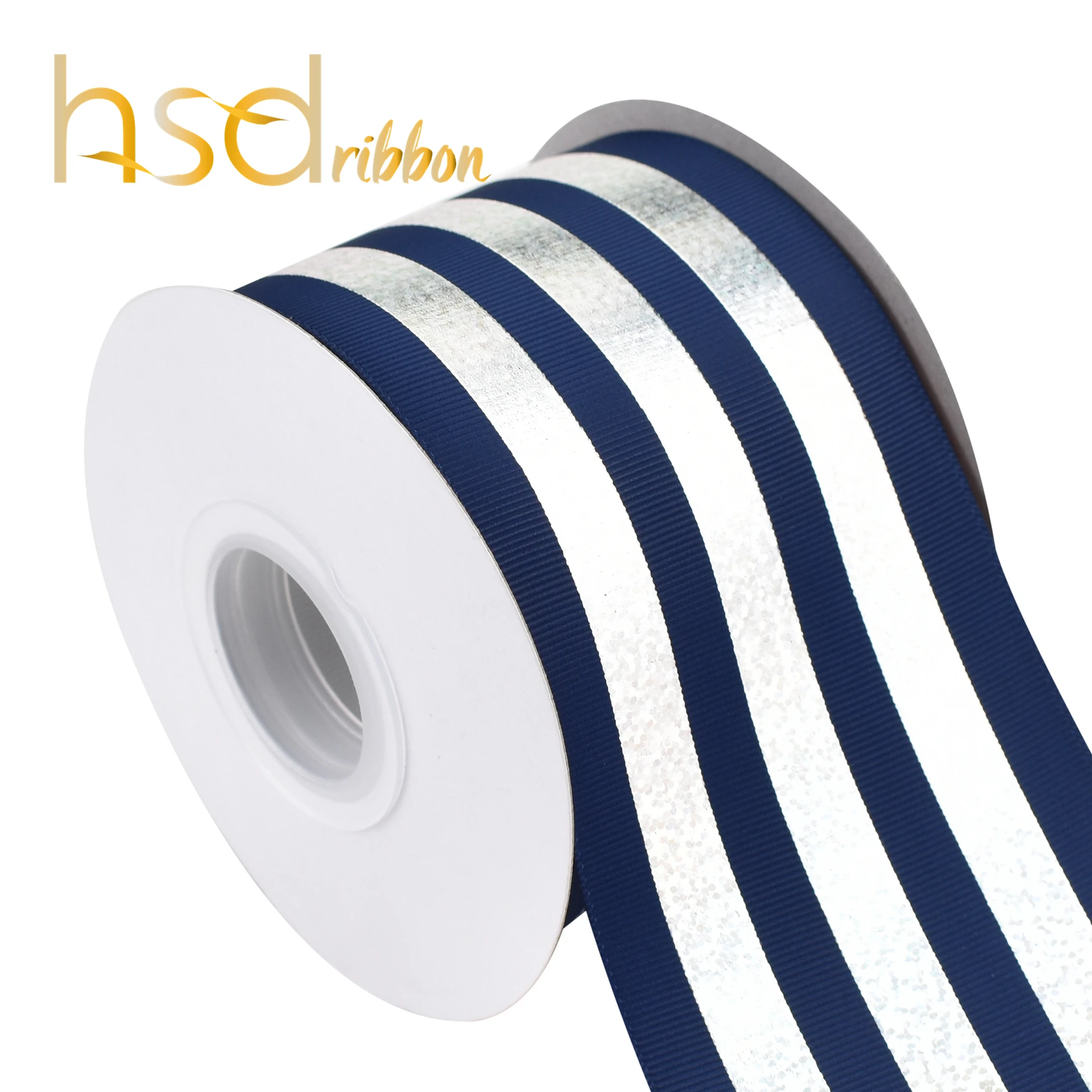 

HSDRibbon 75 custom printed rail Silver Laser on Navy grosgrain ribbon