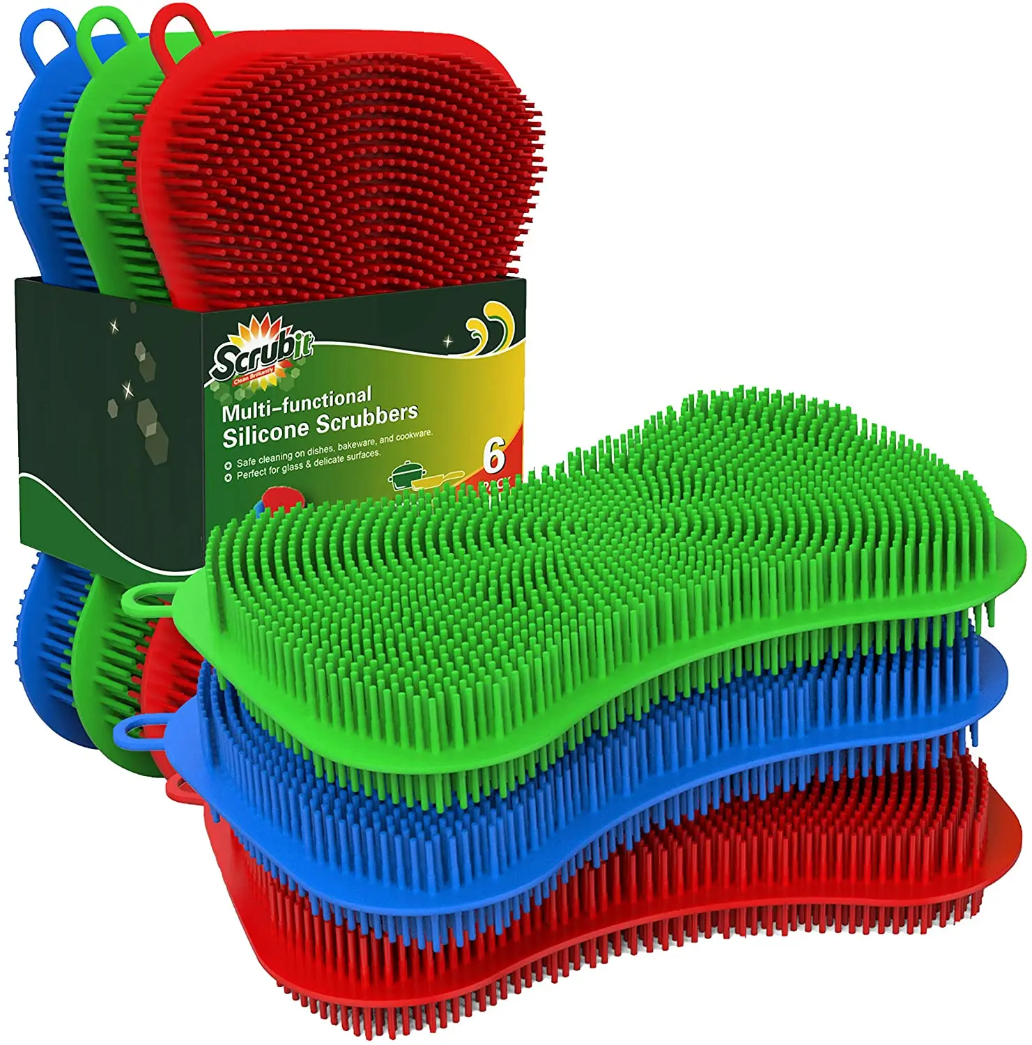 

4 Pack Anti-Bacterial Cleaning Scrubber Pot Holder Kitchen Dish washing Silicone sponge, Green, blue, red