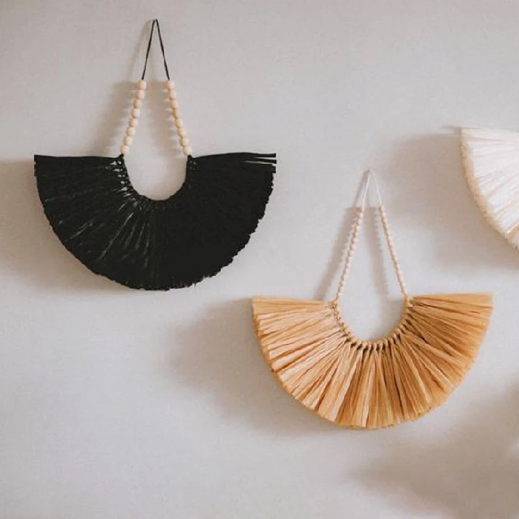 

DD129 Living Room Light Luxury Ornaments Wall Straw Wooden Beads Sector Hanging Decoration, Natural wood color