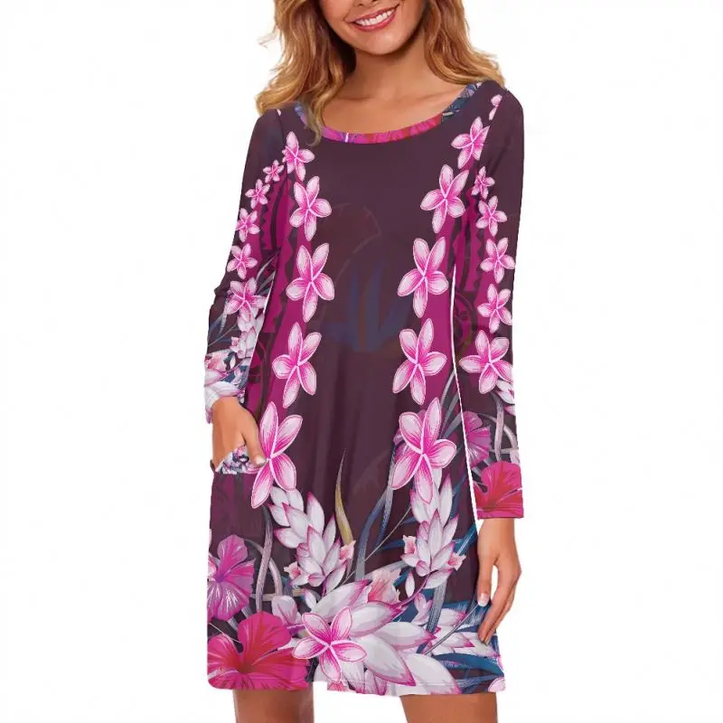 

Polynesian Tribal Floral Oversized Women Dress Clothing Best Sale Fashionable Girls Party Dresses Long Sleeve Women's Dresses, Customized color