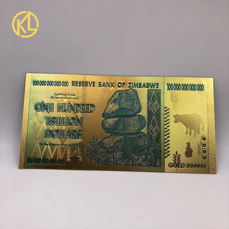 

Reserve Bank 100 Trillion Zimbabwe Dollars 24K Gold 999999 Banknote One Hundred Trillion Dollars Bill Gold Foil Paper Money