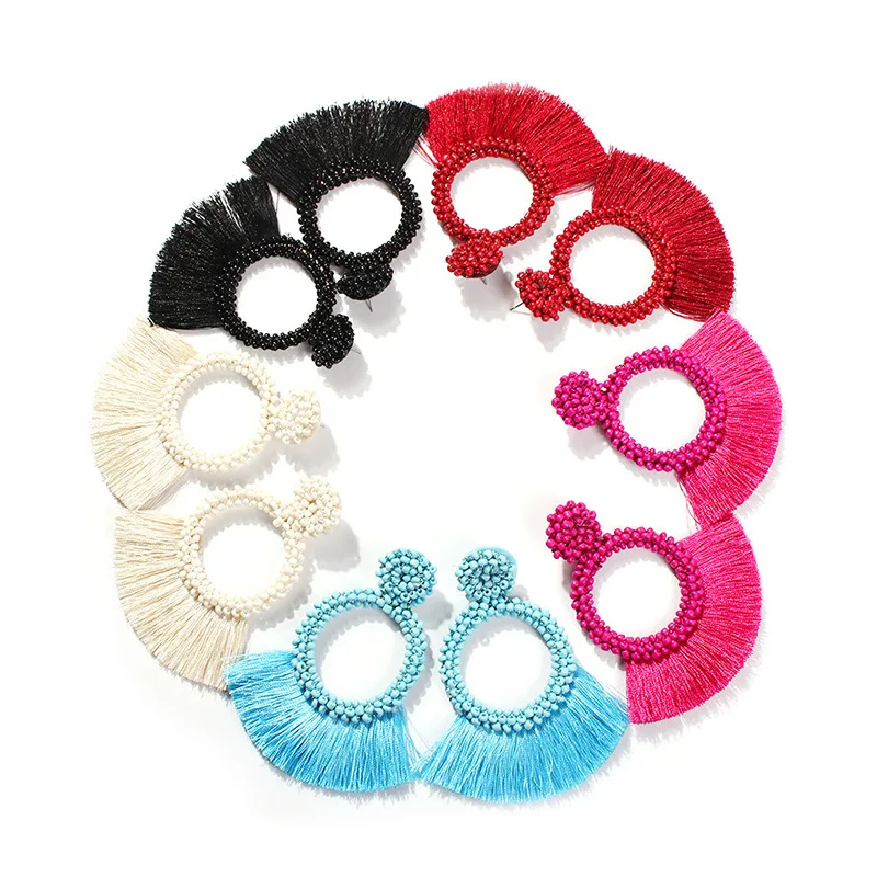 

Amazon Hot Sale 9 Colors Handmade Round Beaded Fan Tassel Earrings Seed Bead Tassel Earrings, As pictures