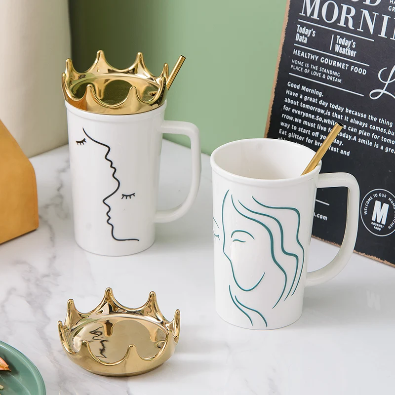 

Flypeak amazon top seller new ceramic coffee mug porcelain couple mug cup Elegant Line Crown ceramic Mug, Customized color