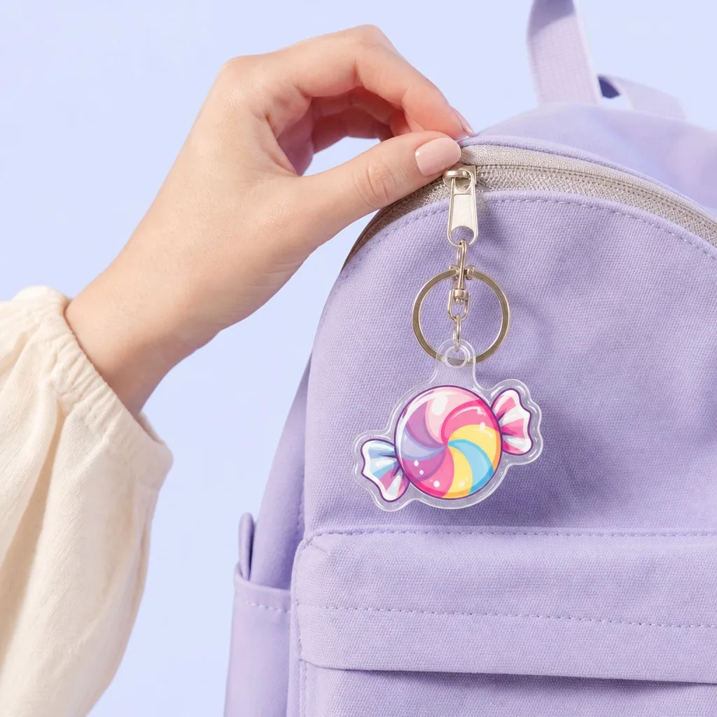 Flat Acrylic Candy Charm on Backpack