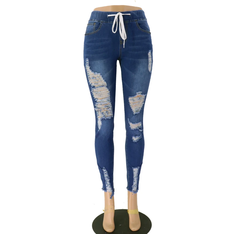 

fashion blue custom logo custom women pants pantalones jeans women high waist stretch ripped woman jeans with high-end quality, Blue as shown