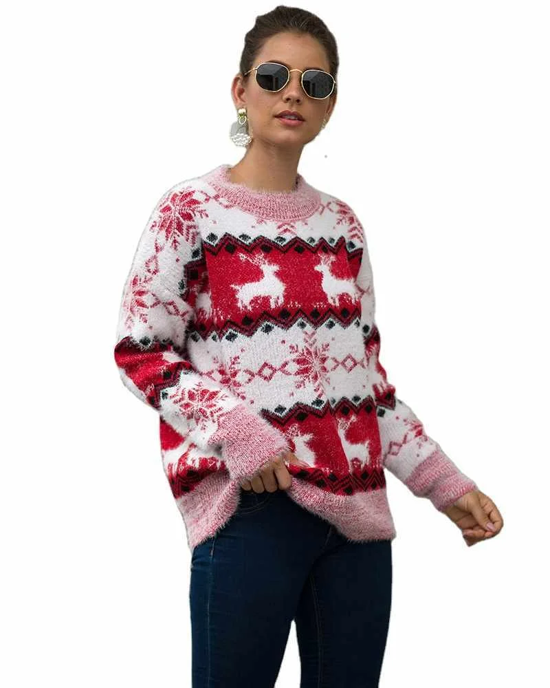 

wholesale custom long sleeves crew neck knitted sexy cotton Christmas pullover sweater for women