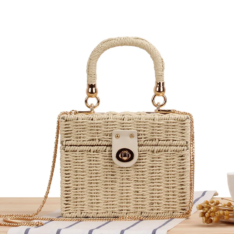 

2022 New Design Handmade Women Straw Chain Shoulder Bags Woven Pastoral Style Rattan Hand Bag, Natural