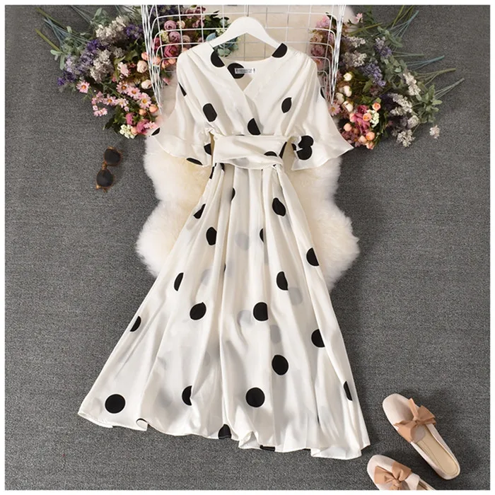 

DD253 New 2020 Korean Chic Stylish Polka Dot Print Short Sleeve Slim Waist Long Dress Women Dresses Vestidos Clothing