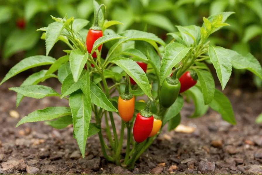 Serrano chili plant with green and red peppers growing in garden soil