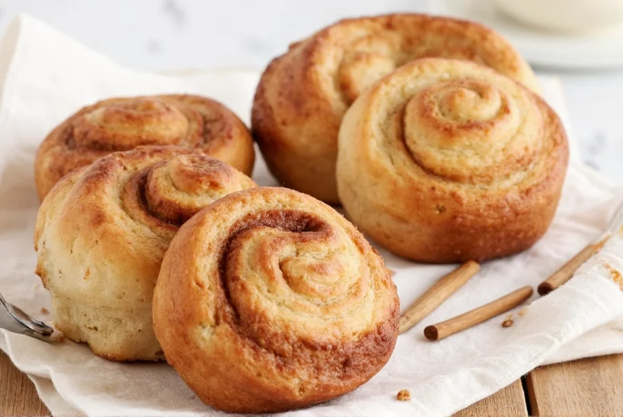 Perfectly golden brown gluten-free cinnamon buns on a baking sheet with internal temperature being checked with a thermometer