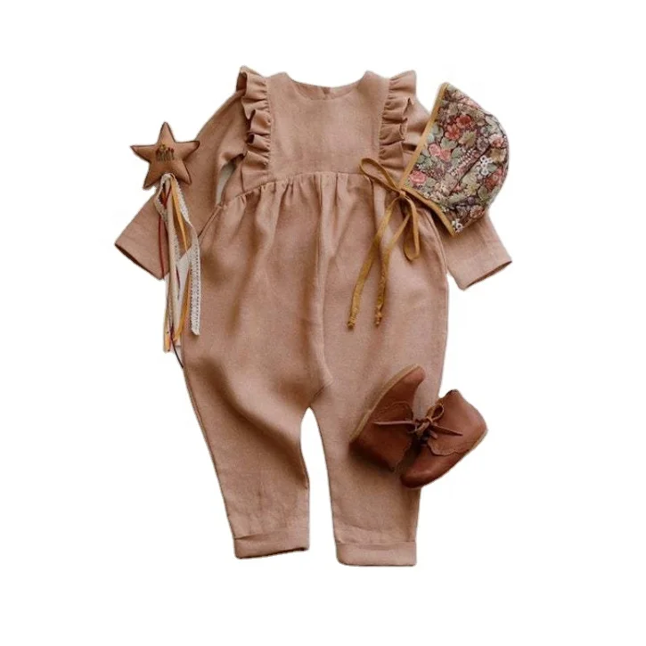 

Baby Jumpsuit Long Sleeves Solid Color Linen Clothes Breathable Infant Toddler Baby Linen Jumpsuit, Green/pink