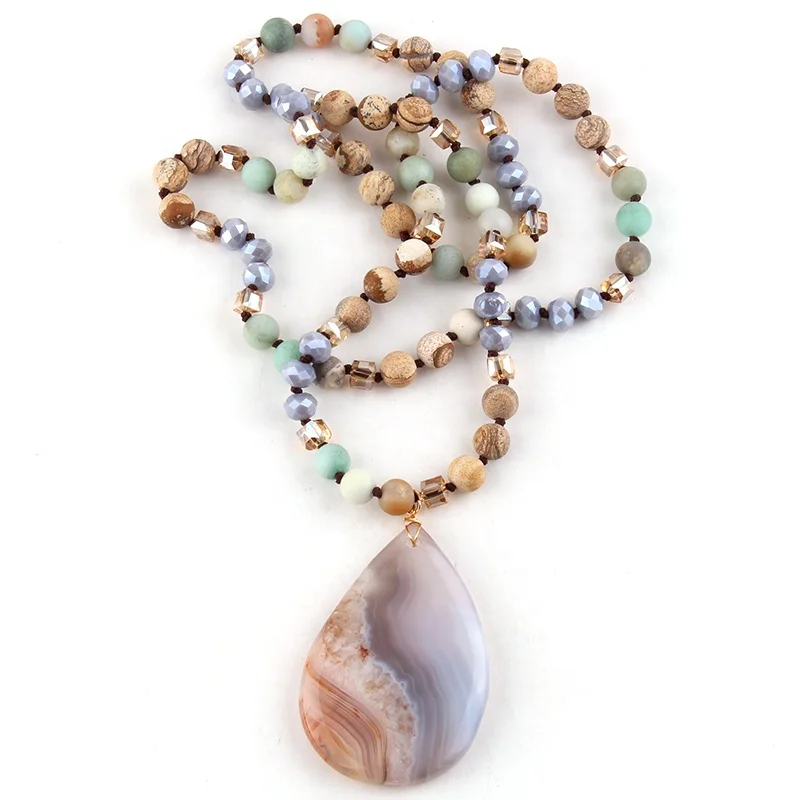 Fashion Women Natural Stone Crystal Glass Beads Necklace Dalmatian Pic Jasper Amazonite  Drop Stone Pendant Necklace