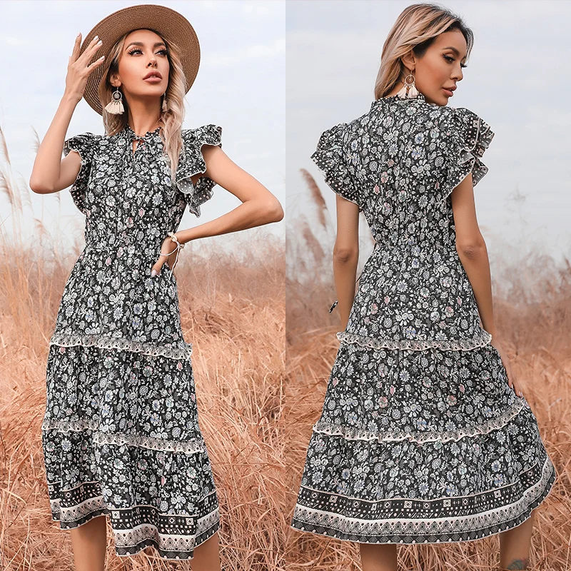 

2021 hot sale flare sleeveless floral boho midi dress neck tiered flower midi bohemian spring casual dresses, Black