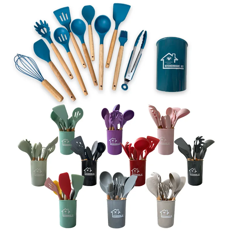 

Amazon hot sale silicone kitchenware 12pcs silicone kitchen utensils set with wooden handle, Stock or custom