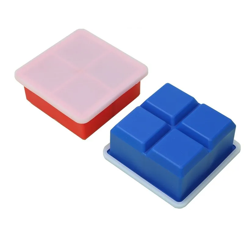 

4 Cavity Silicone Pudding Jelly Mold Big Square Cake Bread Mould Large Reusable Square Shape Silicone Ice Cube Mould, Pink, green, blue