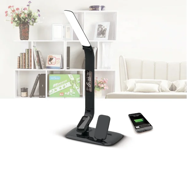 Designer Table Lamp 5 Steps Dimming USB Wireless Charger 3 Color Light Led Desk Lamp with An Alarm Clock a Calendar