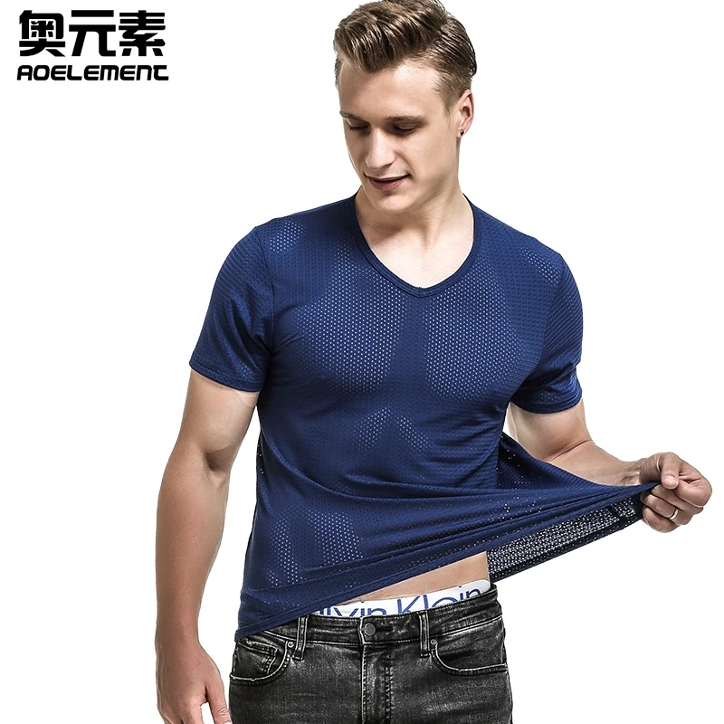 

wholesale mens gym ice silk mesh breathable sports fitness summer quick-drying loose V-neck short sleeve Men's ice silk T-shirt