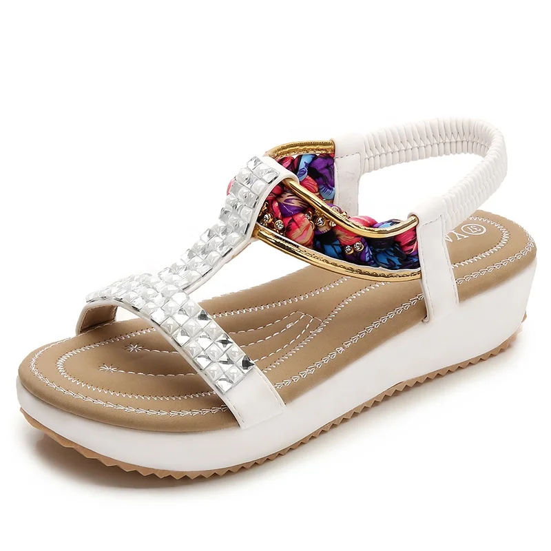

Wholesale new fashion bulk exported Bohemia rhinestone white large size women summer beach sandals, White,pink,black