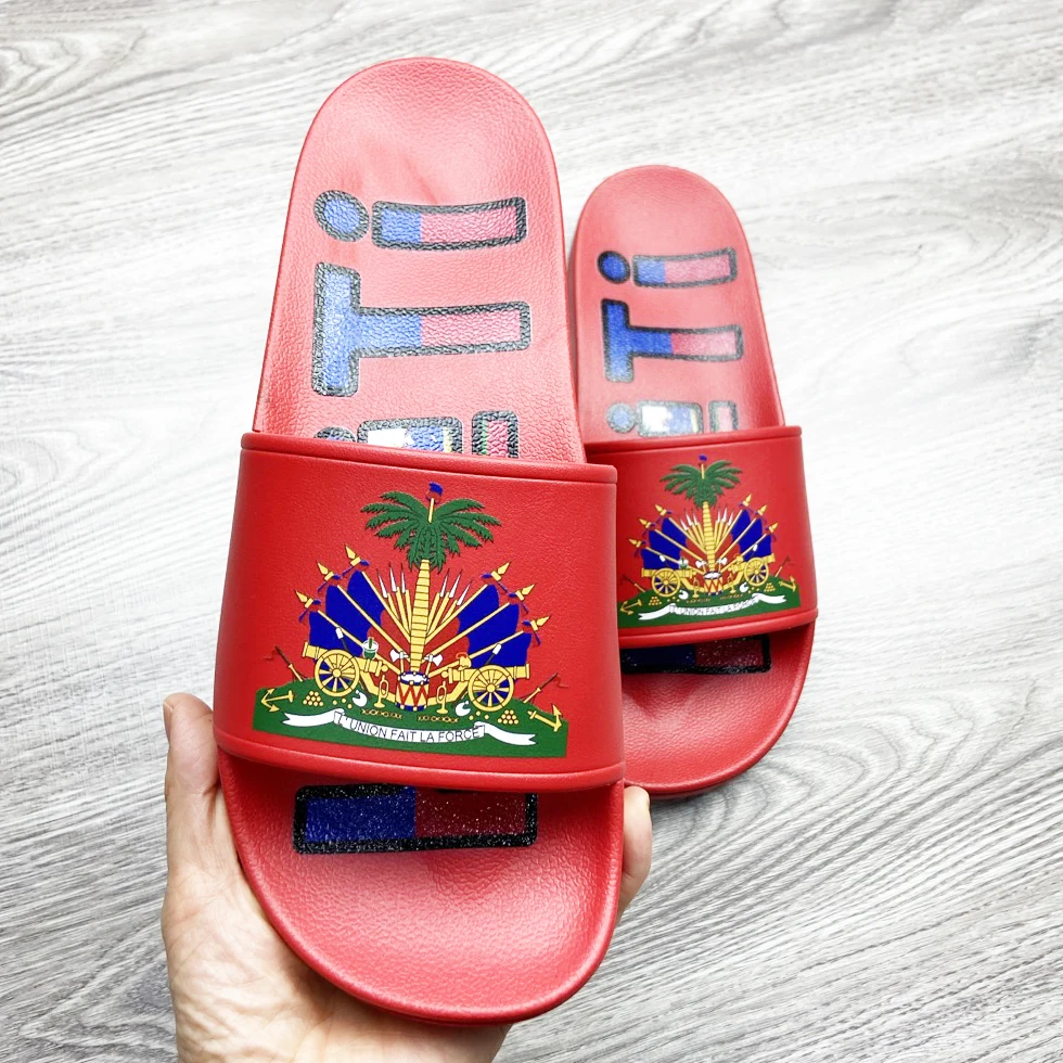 

2021 wholesale original designs custom slides Haiti slippers sandals slides mens and women unisex, Customized