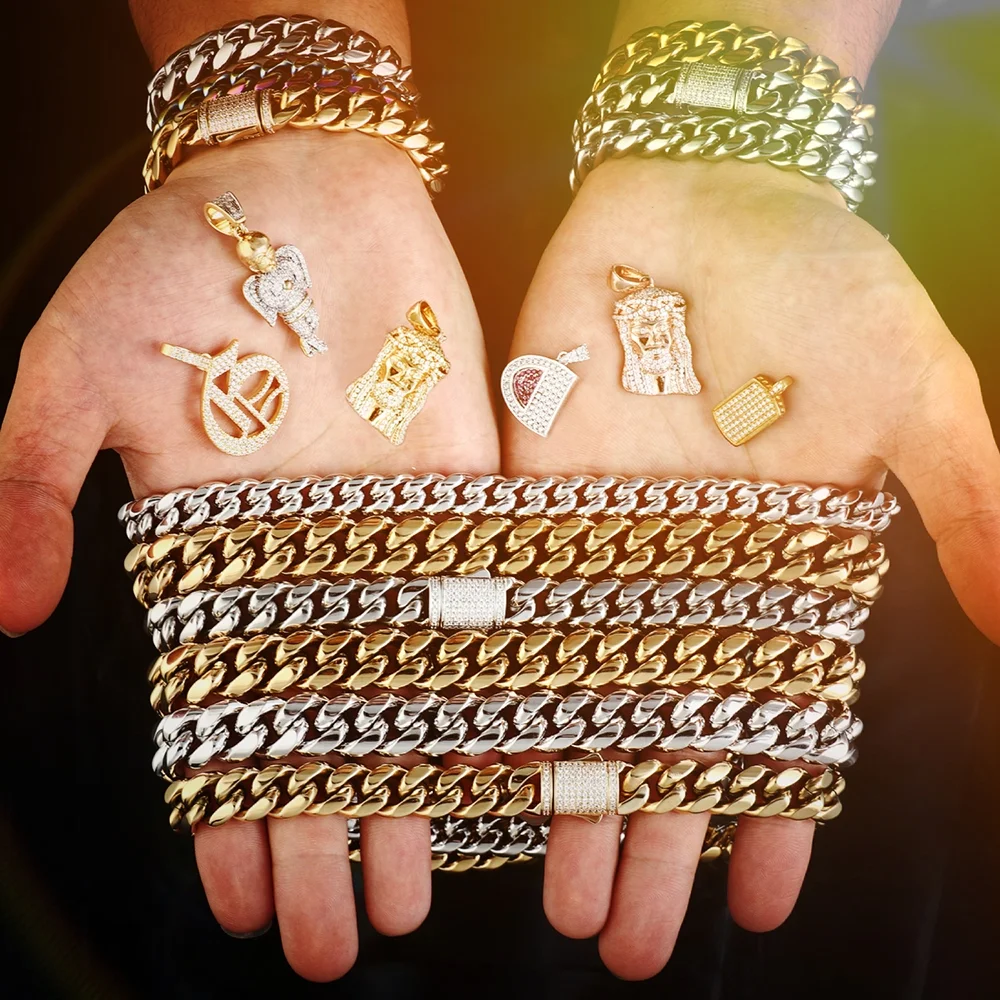 

Hip Hop Jewelry stainless steel jewelry 18K Gold Plated Stainless Steel Necklace Cuban Link Chain, Gold color,white gold color
