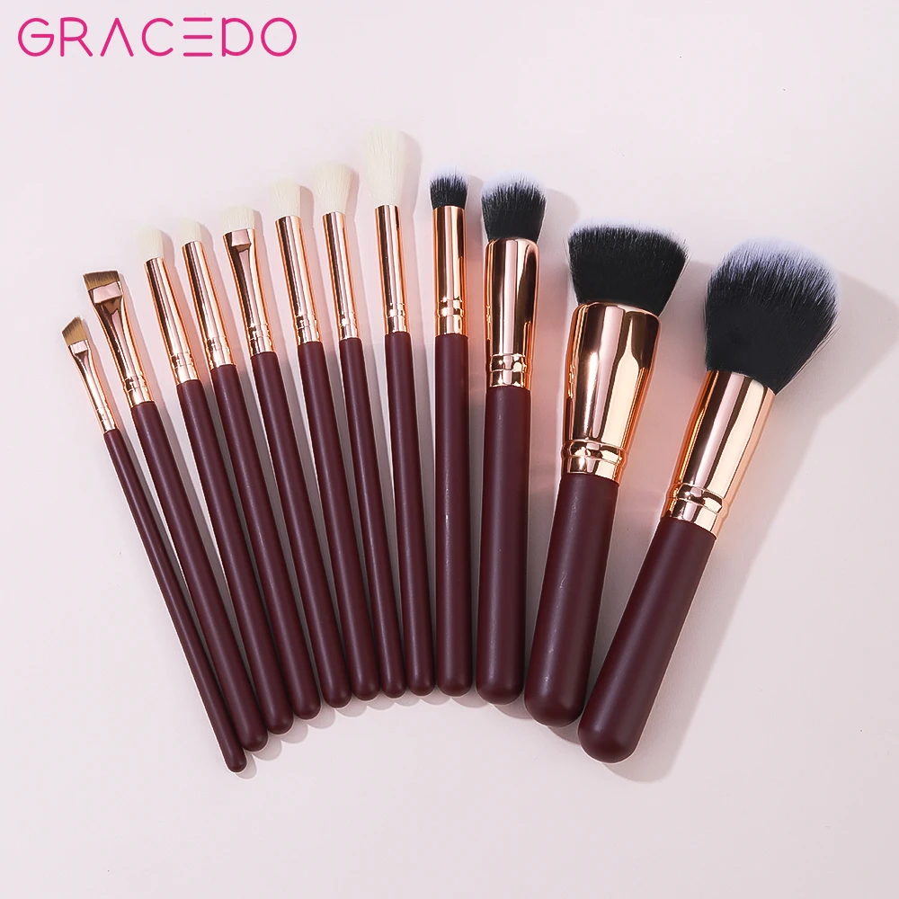 GRACEDO Professional 12-Piece Luxury Synthetic Hair Wood Handle Custom Logo Private Label Makeup Brush Set with Shaving Brush