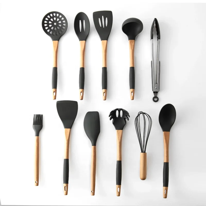 

11pcs Silicone Cooking Kitchen Utensils Set, Wooden Handles Cooking Tool BPA Free Non Toxic Silicone Turner Tongs Spatula, Black
