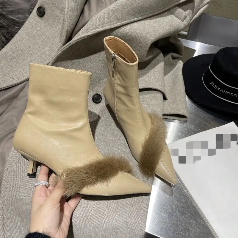 

European and American new style fur pointed toe mid-heel fashion short boots, Black,khaki,peacock blue or customized