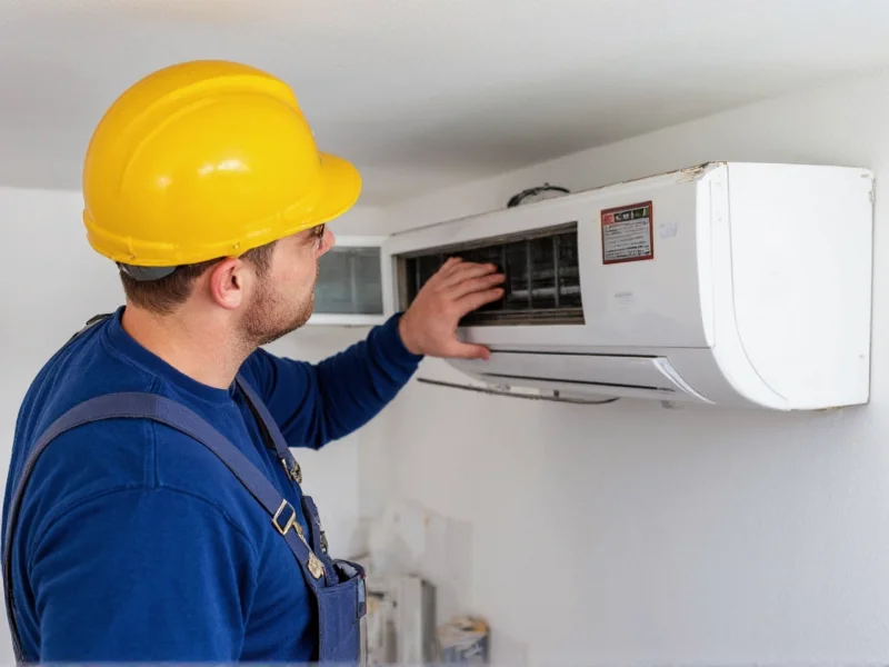 HVAC technician inspecting mini split installation