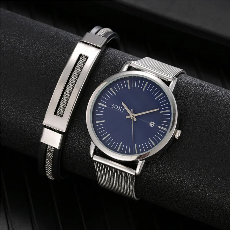 

2pcs/set Luxury Men's Military Watches Fashion Unique Mens Mesh belt Watches Mens Sports Quartz Watches, Picture shows