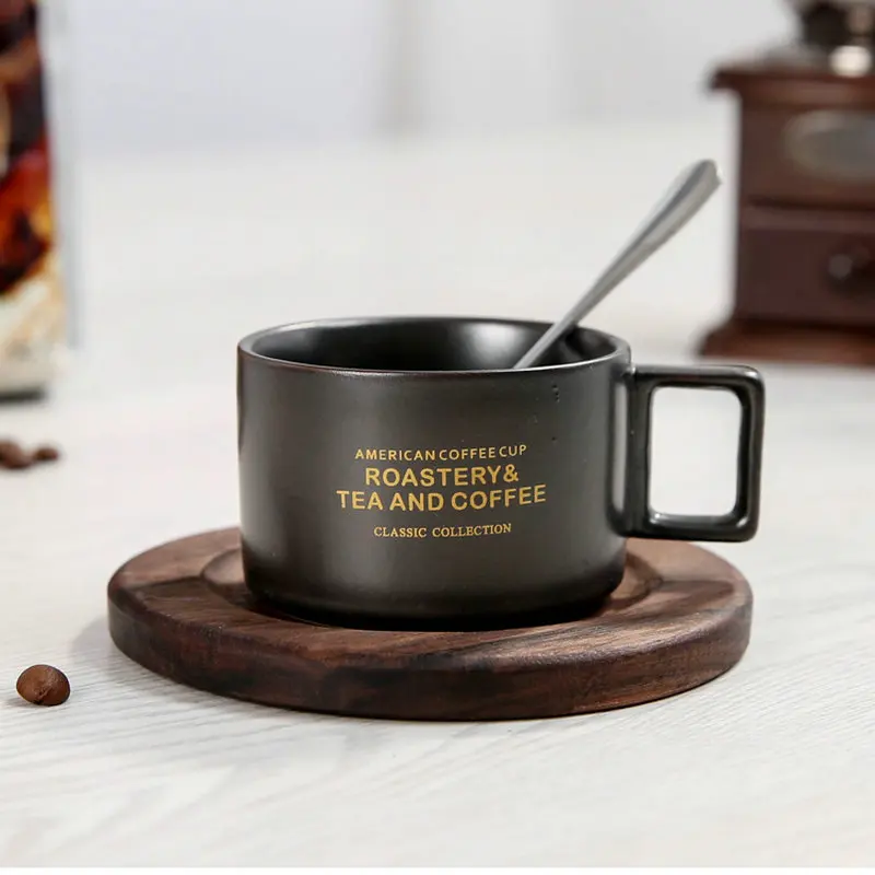 3OZ Ceramic Coffee Espresso Cup and Saucer with Reactive Glaze Small Gold Plating Cup with Wooden Plate Small Tea Cup