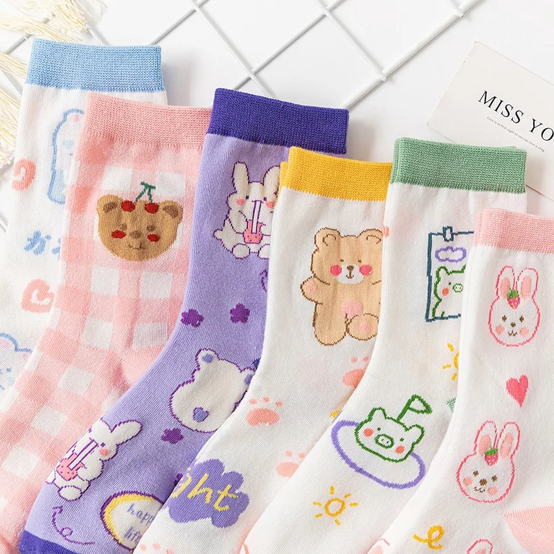 

Japanese Girls Cute Bear Rabbit Pink Blue Cartoon Cotton Crew Socks Women Ladies, 6 colors