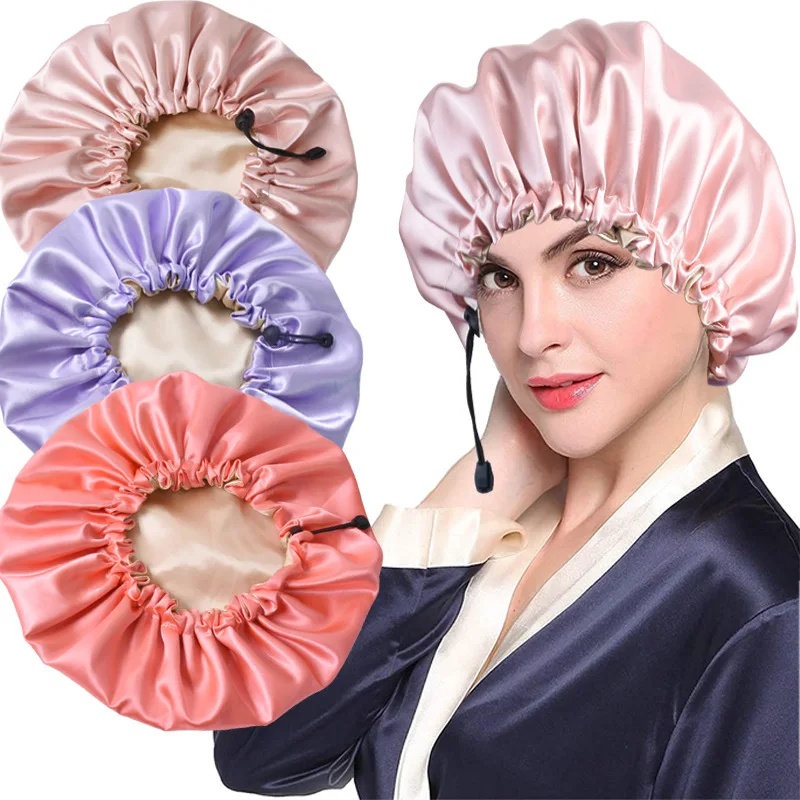 

Hot sale silk double-layer adjustable oiled shower bath cap chemotherapy night cap